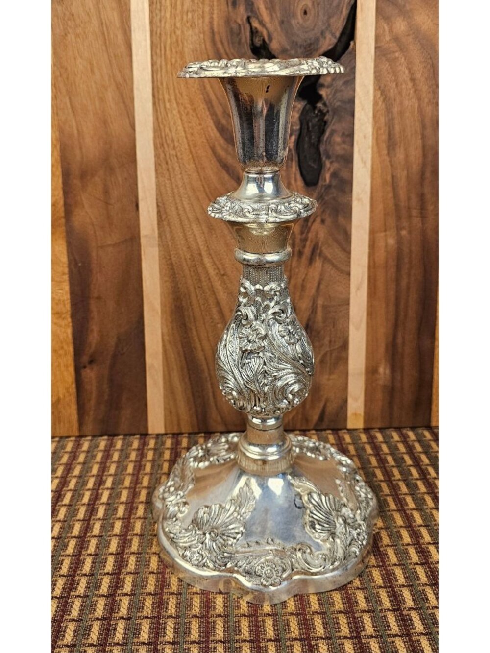 Ornate Silver Tone Candlestick Holder 12 In Tall Floral Scroll Metal Table Decor